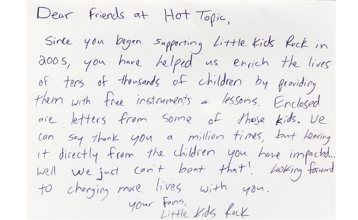 Love notes sent to The Hot Topic Foundation.
